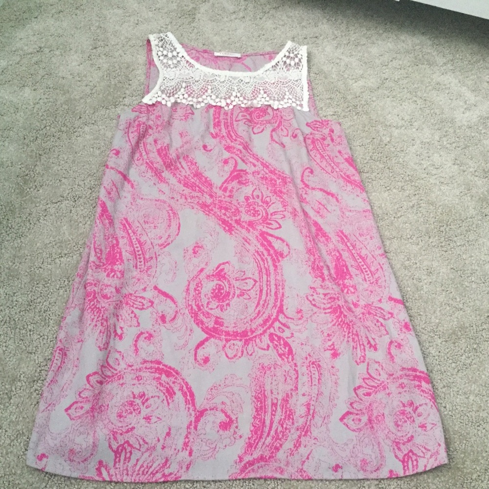 Renee C Pink Paisley Patterned Crochet Neck Sleeveless Tunic Dress Size Small